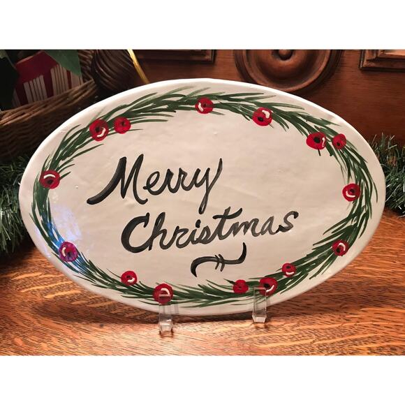 Merry Christmas Oval Ceramic Sign: Hand Painted-Glazed in 18k Gold Touches - Picture 5 of 5